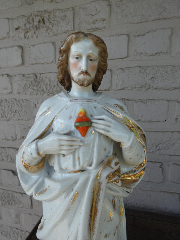 Antique large Vieux paris porcelain Sacred heart jesus statue figurine