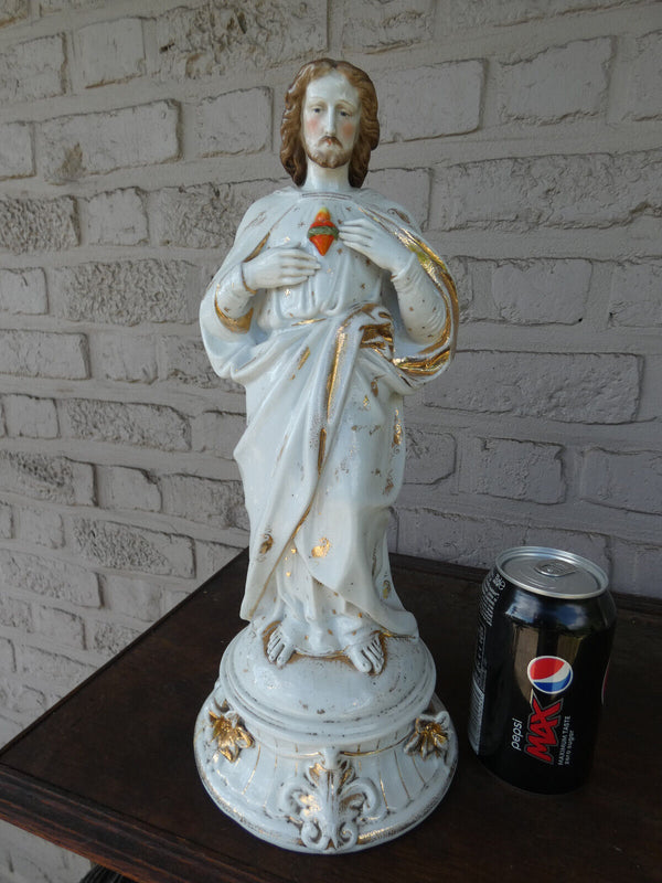 Antique large Vieux paris porcelain Sacred heart jesus statue figurine