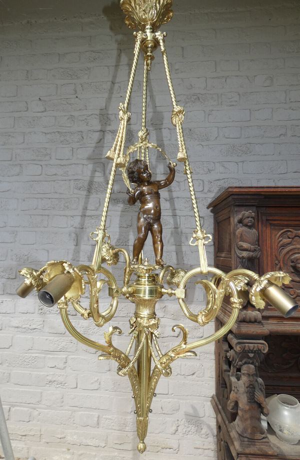 French bronze putti cherub angel chandelier lamp 1960