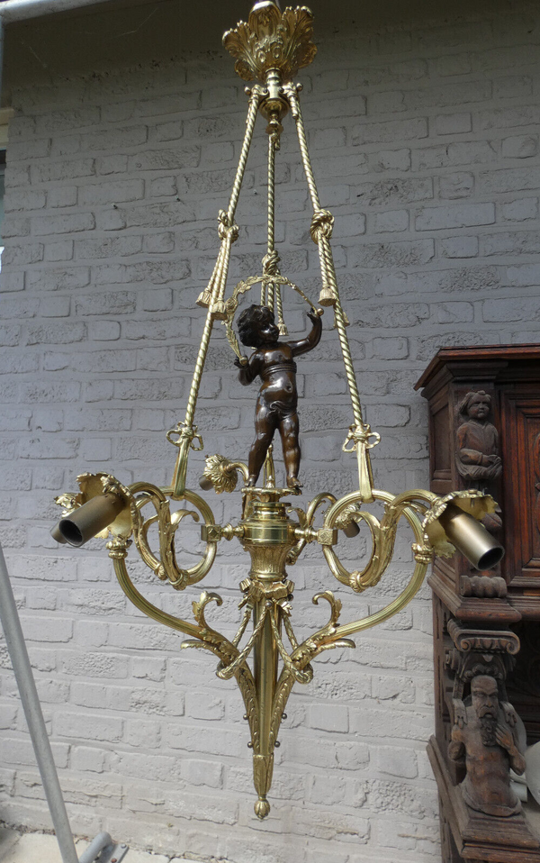 French bronze putti cherub angel chandelier lamp 1960