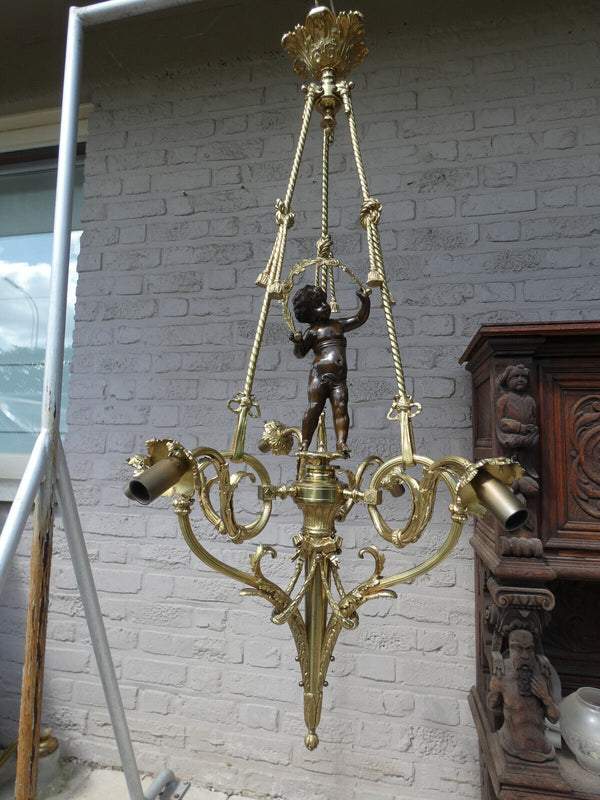 French bronze putti cherub angel chandelier lamp 1960