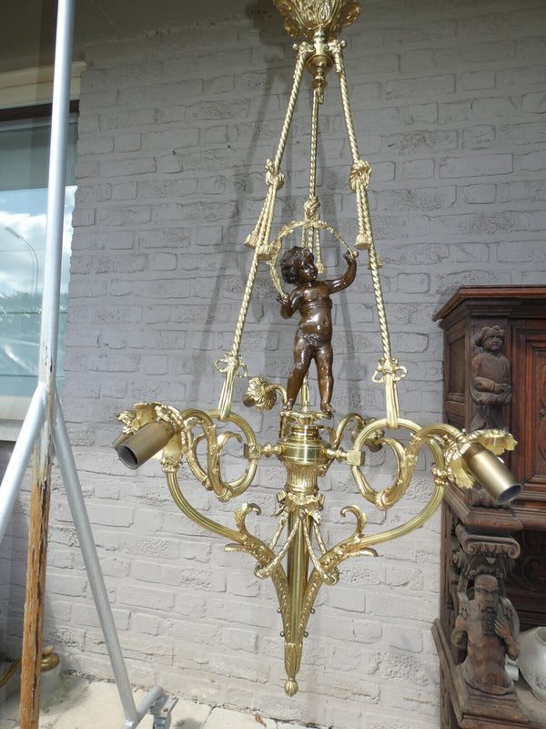 French bronze putti cherub angel chandelier lamp 1960