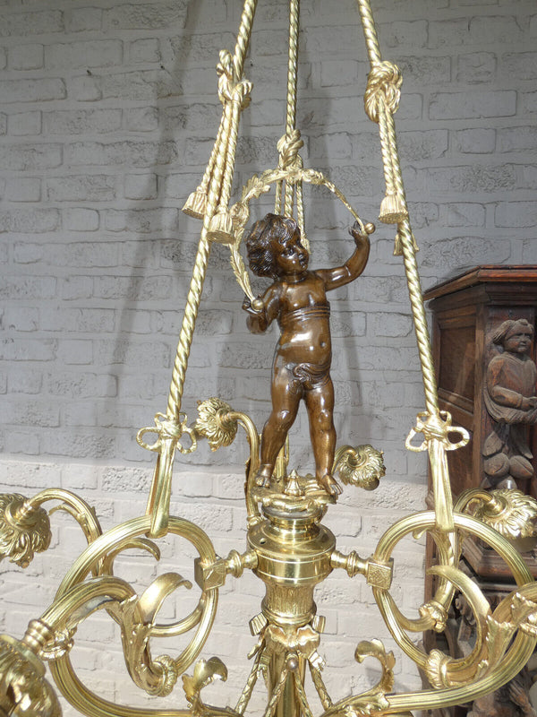 French bronze putti cherub angel chandelier lamp 1960