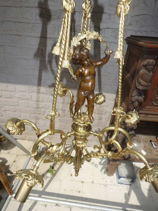 French bronze putti cherub angel chandelier lamp 1960