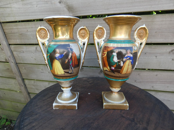 PAIR antique vieux paris porcelain hand paint vases romantic scene