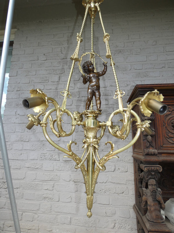 French bronze putti cherub angel chandelier lamp 1960