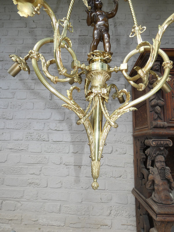 French bronze putti cherub angel chandelier lamp 1960