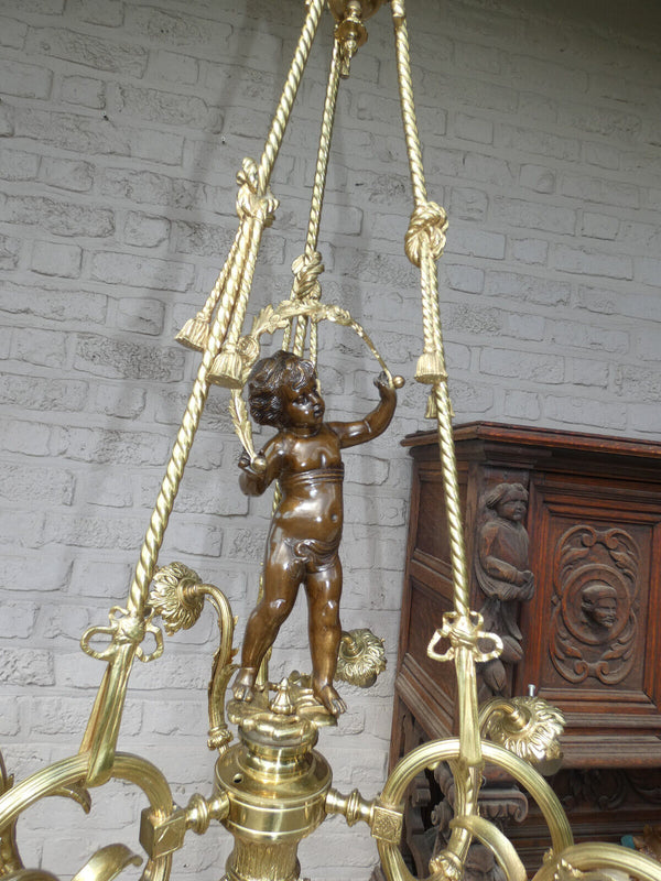 French bronze putti cherub angel chandelier lamp 1960