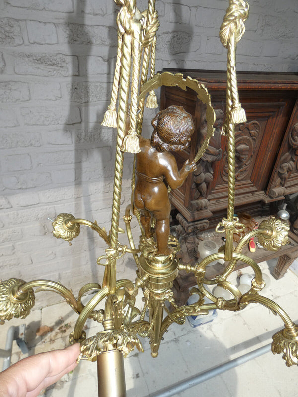 French bronze putti cherub angel chandelier lamp 1960