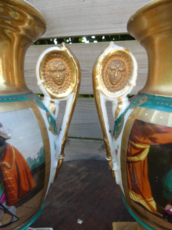 PAIR antique vieux paris porcelain hand paint vases romantic scene