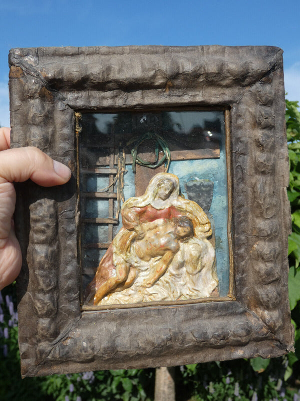 Antique German Folkloric art Plaque Pieta ceramic chalk behind glass statue