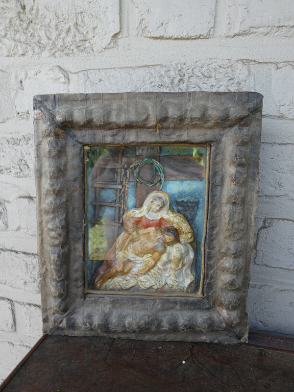 Antique German Folkloric art Plaque Pieta ceramic chalk behind glass statue