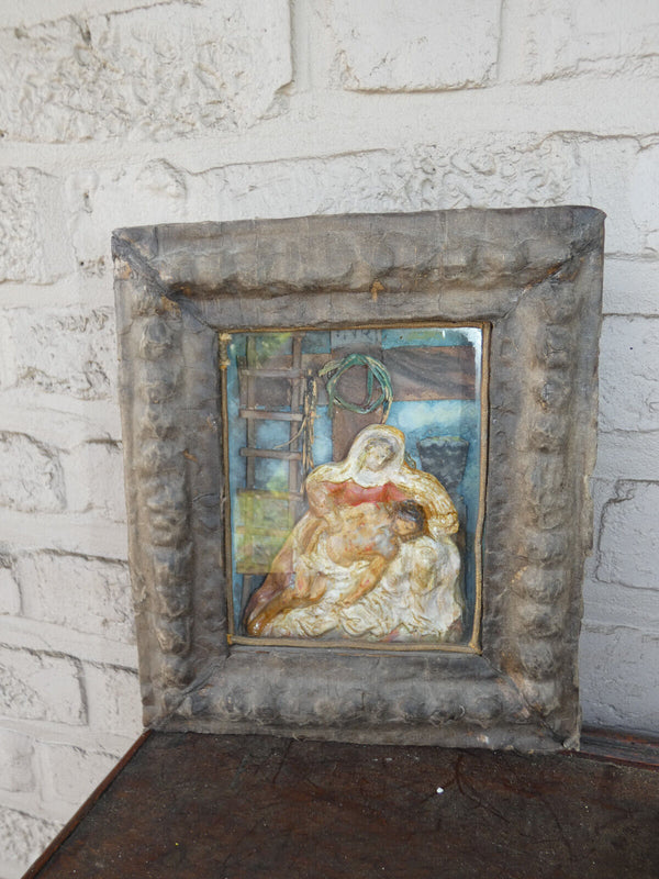 Antique German Folkloric art Plaque Pieta ceramic chalk behind glass statue