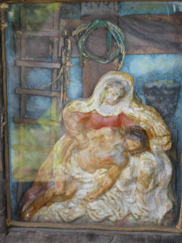 Antique German Folkloric art Plaque Pieta ceramic chalk behind glass statue