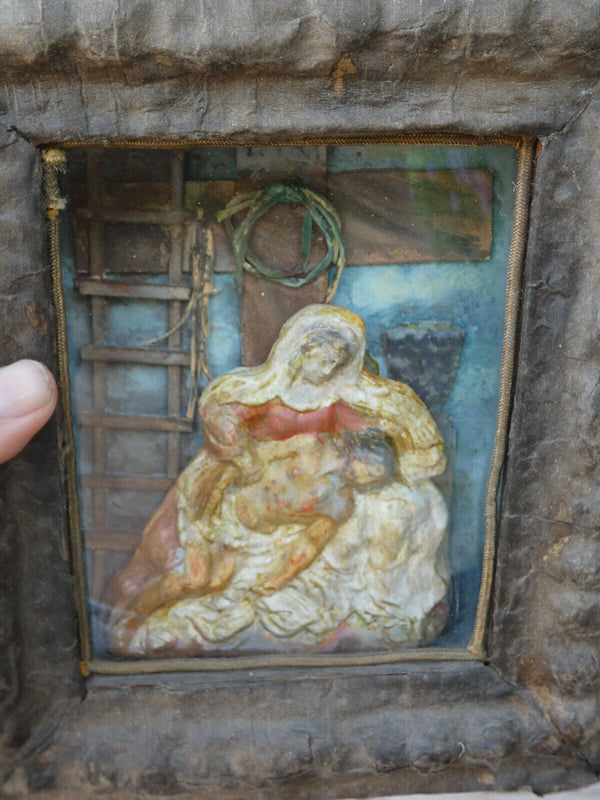 Antique German Folkloric art Plaque Pieta ceramic chalk behind glass statue