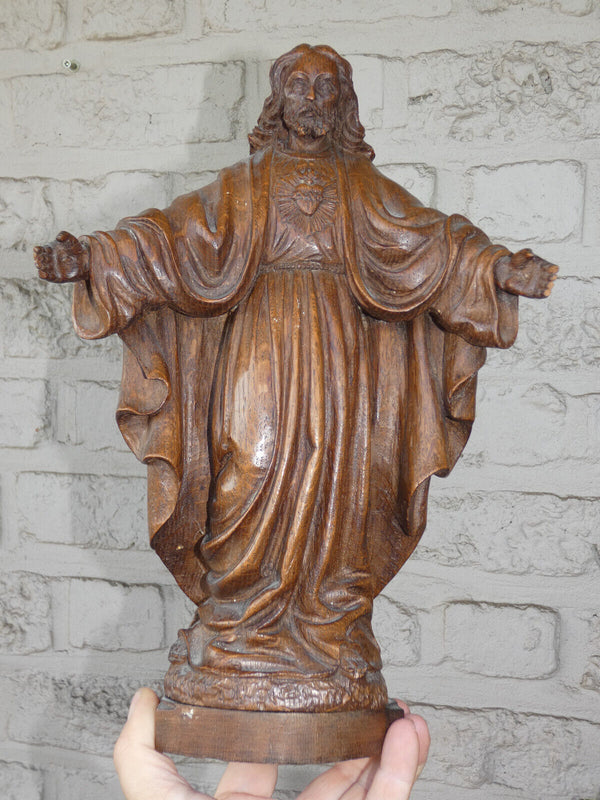 Antique fine wood carved Sacred heart jesus statue Religious