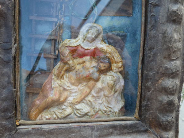 Antique German Folkloric art Plaque Pieta ceramic chalk behind glass statue