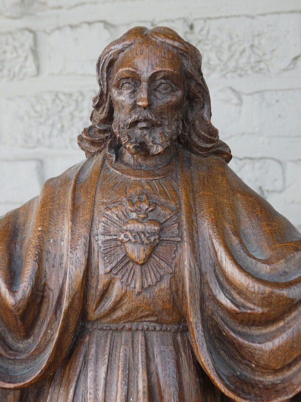 Antique fine wood carved Sacred heart jesus statue Religious