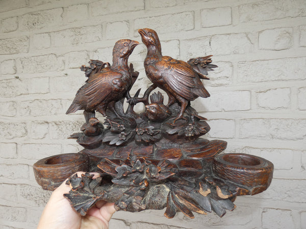 Antique large  rare black forest wood carving inkwell birds