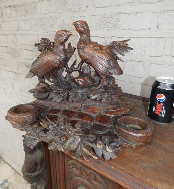 Antique large  rare black forest wood carving inkwell birds