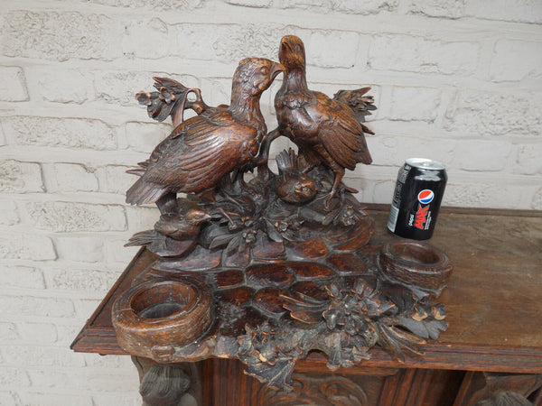 Antique large  rare black forest wood carving inkwell birds