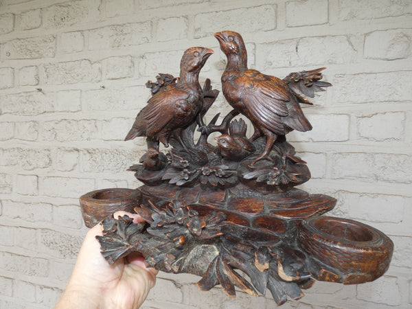 Antique large  rare black forest wood carving inkwell birds