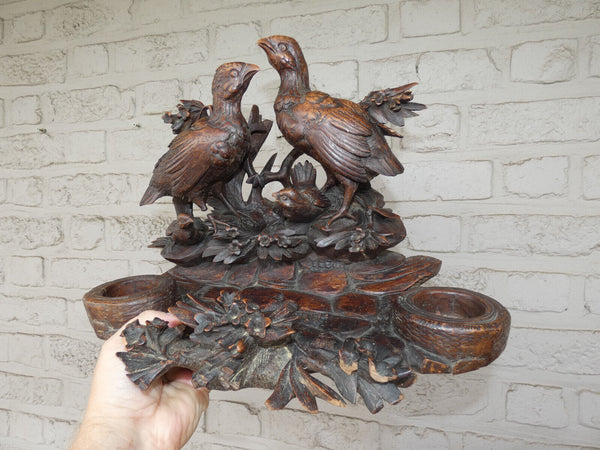 Antique large  rare black forest wood carving inkwell birds