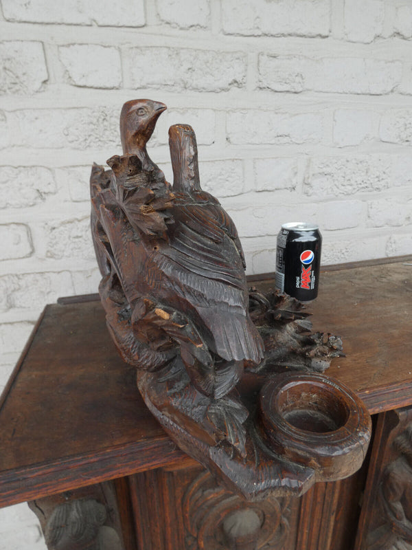 Antique large  rare black forest wood carving inkwell birds