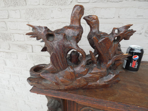 Antique large  rare black forest wood carving inkwell birds