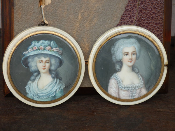 PAIR Antique 19thc Miniature painting portraint lady