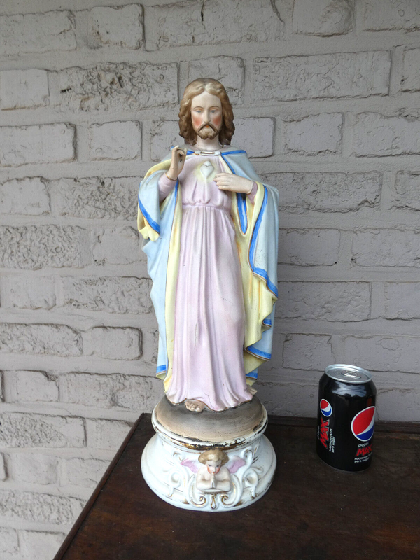 Antique Belgian Vieux andenne bisque porcelain XL Sacred heart jesus statue