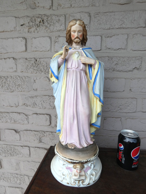 Antique Belgian Vieux andenne bisque porcelain XL Sacred heart jesus statue