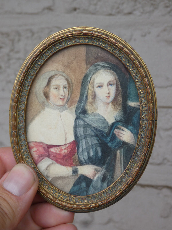 Antique 19thc Miniature painting girls France