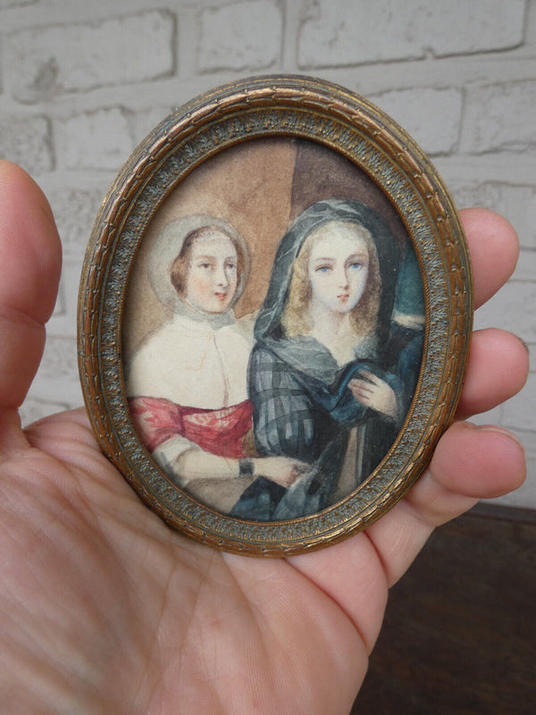 Antique 19thc Miniature painting girls France