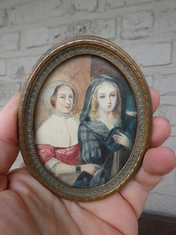 Antique 19thc Miniature painting girls France