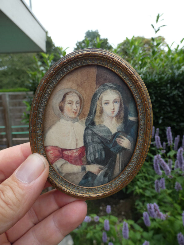 Antique 19thc Miniature painting girls France