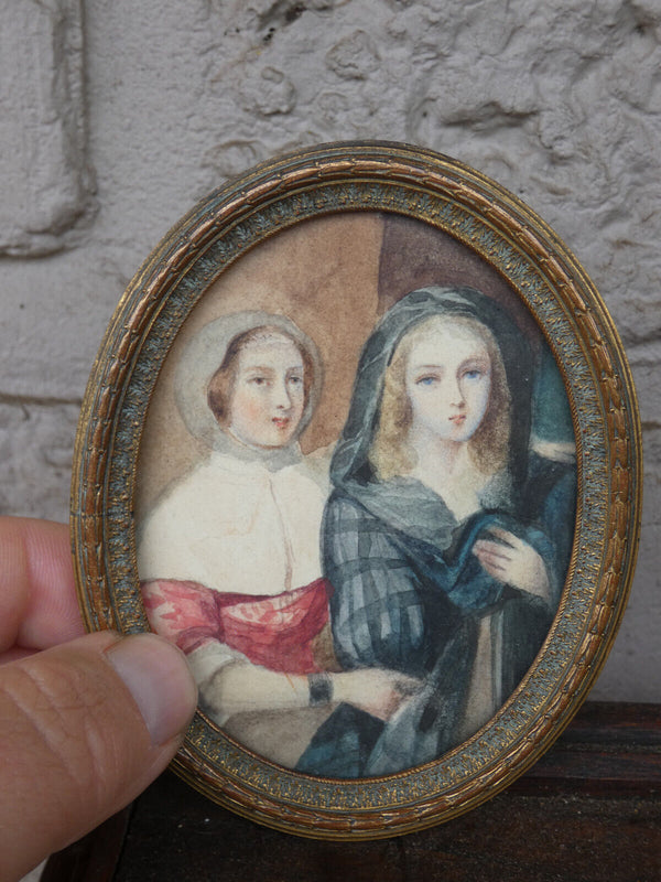 Antique 19thc Miniature painting girls France