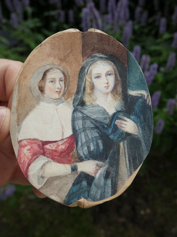 Antique 19thc Miniature painting girls France