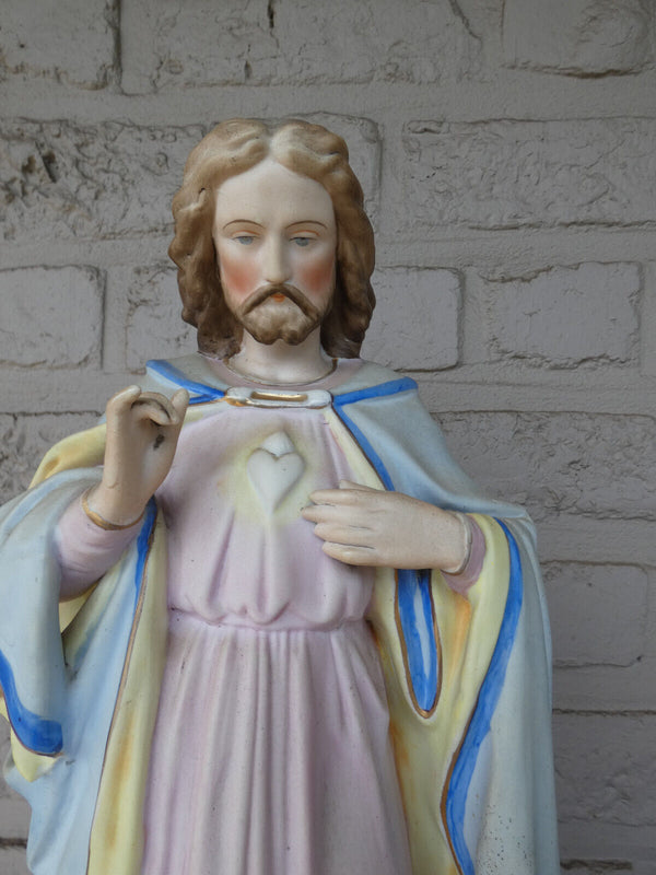 Antique Belgian Vieux andenne bisque porcelain XL Sacred heart jesus statue