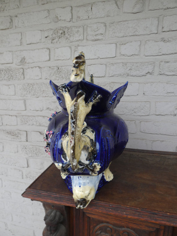 Antique XL barbotine majolica planter jardiniere vase dragon dolphin rare