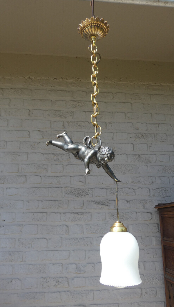 Antique French bronze putti cherub angel chandelier pendant lamp Lightning