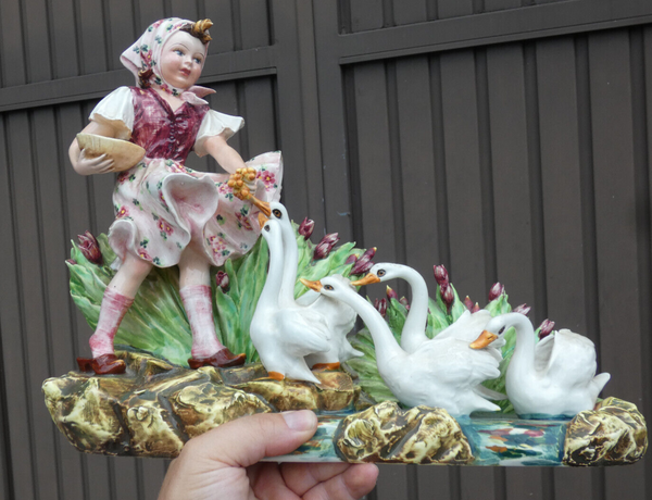 Italian Carlos Mollica signed Capodimonte porcelain planter girl swans vase