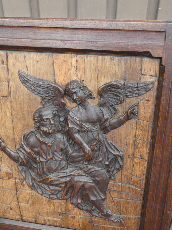 Antique 18thc Wood carved plaque religious Jesus god Angel relief rare