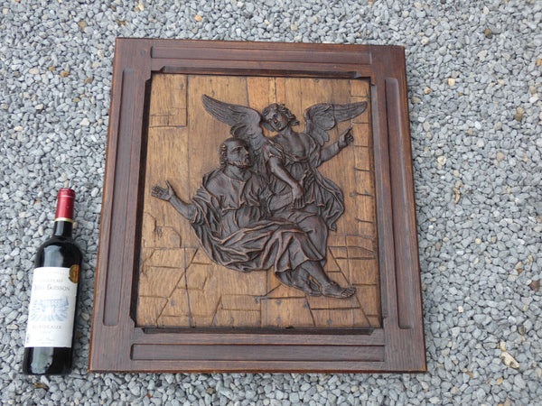 Antique 18thc Wood carved plaque religious Jesus god Angel relief rare