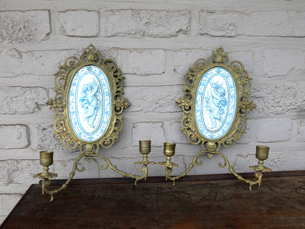 PAIR antique french faience 19thc Putti cherub plaques Wall lights candle holder