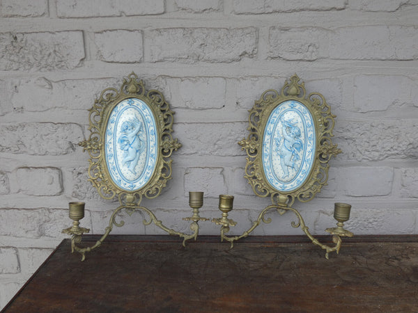 PAIR antique french faience 19thc Putti cherub plaques Wall lights candle holder