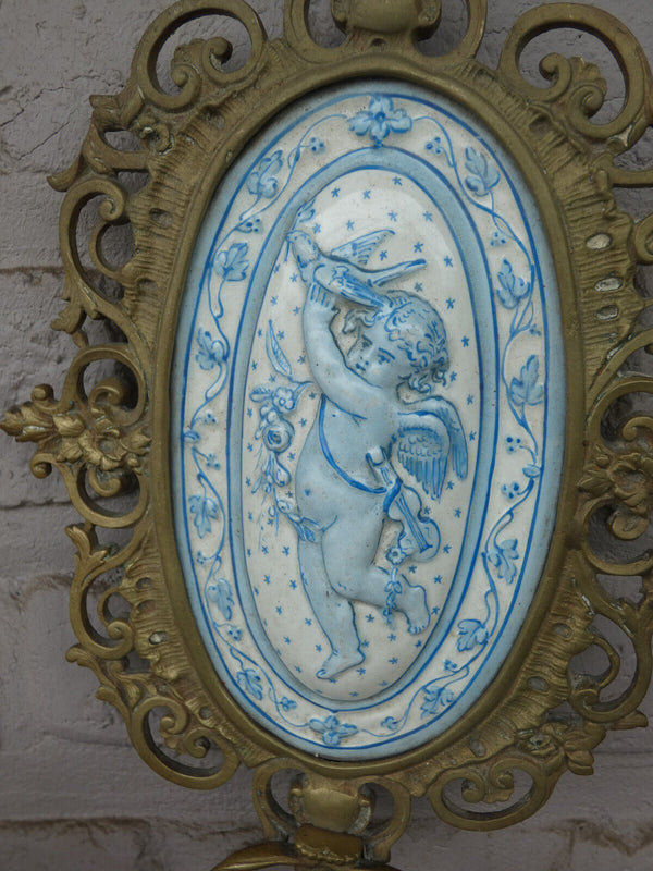 PAIR antique french faience 19thc Putti cherub plaques Wall lights candle holder