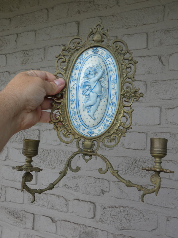 PAIR antique french faience 19thc Putti cherub plaques Wall lights candle holder