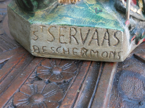 Antique Large French ceramic chalk SAINT Servatius bishop Statue dragon rare