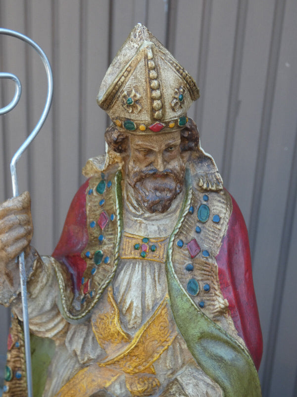 Antique Large French ceramic chalk SAINT Servatius bishop Statue dragon rare